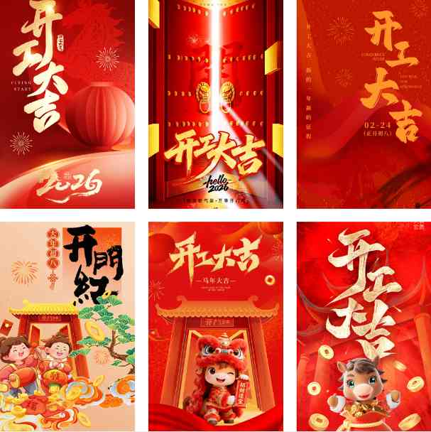 2026马年新春开门红大年初八开工大吉宣传PS模板海报设计素材49款