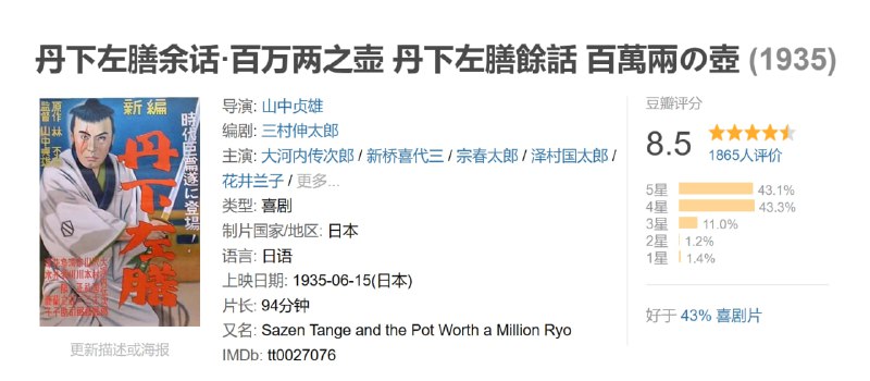 丹下左膳余话·百万两之壶 丹下左膳餘話 百萬兩の壺 (1935)