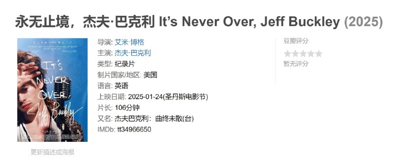 永无止境，杰夫·巴克利 It’s Never Over, Jeff Buckley (2025)