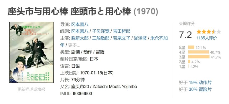 座头市与用心棒 座頭市と用心棒 (1970)