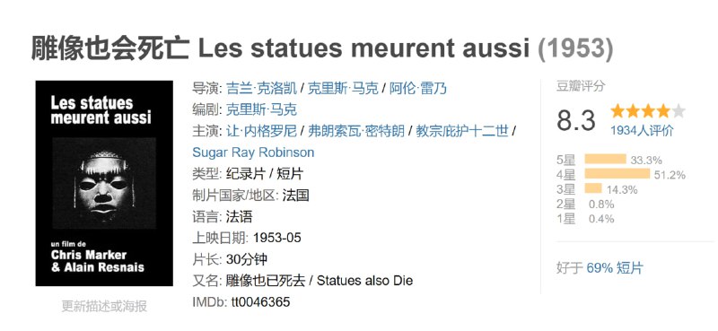 雕像也会死亡 Les statues meurent aussi (1953)