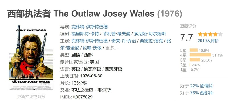 西部执法者 The Outlaw Josey Wales (1976)